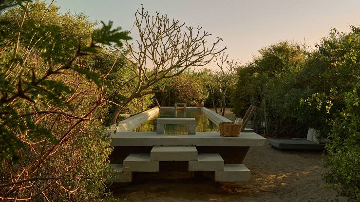 Low concrete building with a brick vault standing in dry coastal garden