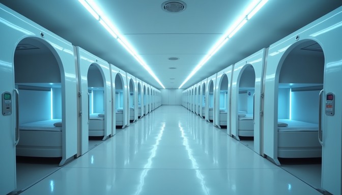 Long corridor lined with fitted sleeping berths under low lighting